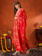 Embroidered & Printed Kurta With Pant & Coordinated Dupatta, Red - Hiral Fashion - Distacart