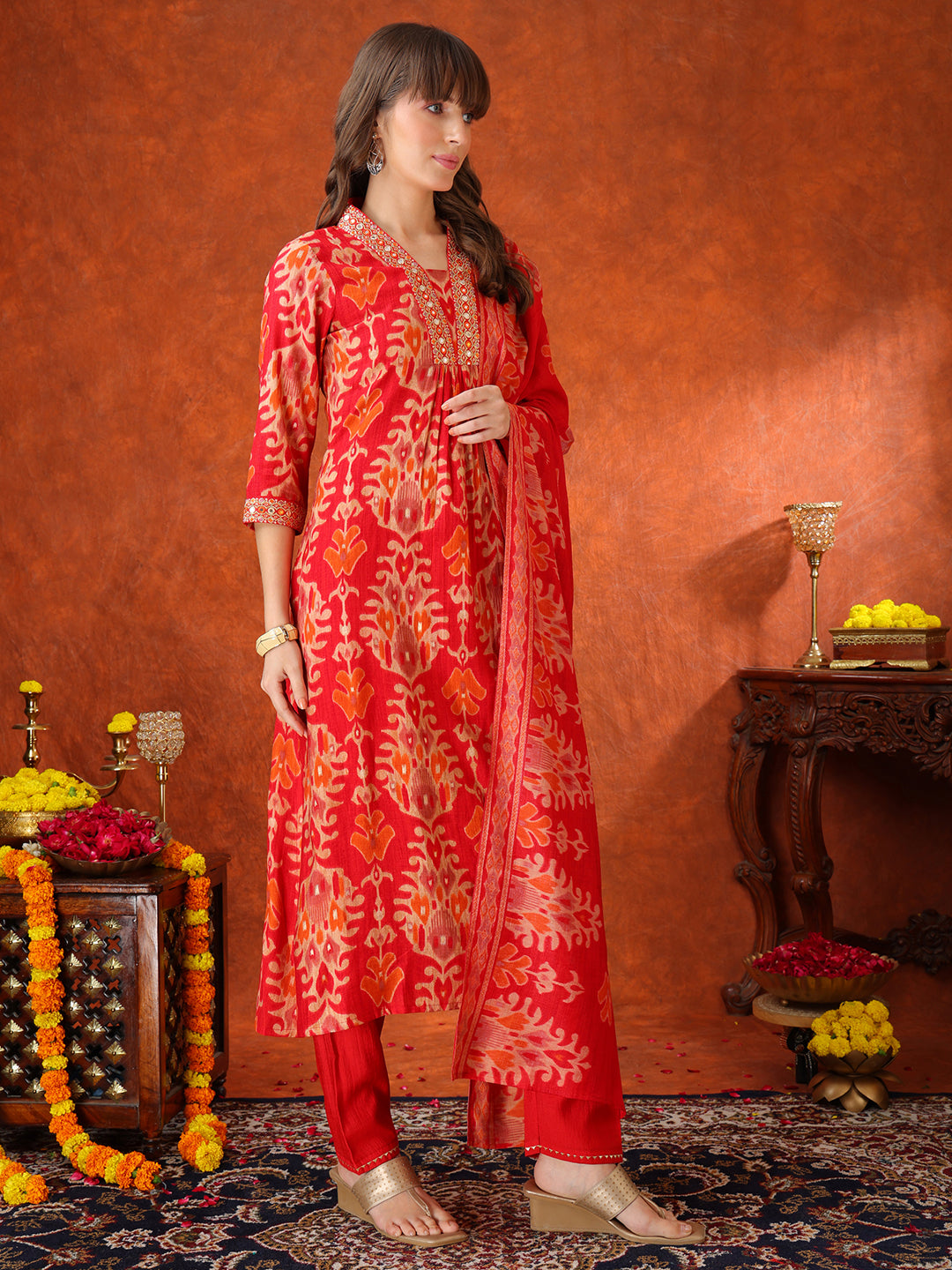 Embroidered & Printed Kurta With Pant & Coordinated Dupatta, Red - Hiral Fashion - Distacart