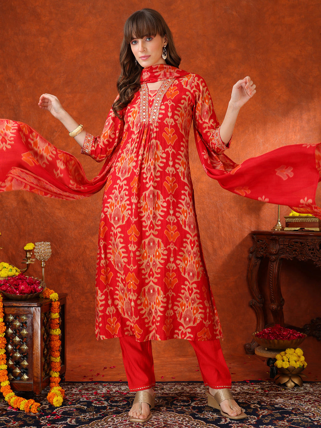 Embroidered & Printed Kurta With Pant & Coordinated Dupatta, Red - Hiral Fashion - Distacart