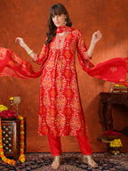 Embroidered & Printed Kurta With Pant & Coordinated Dupatta, Red - Hiral Fashion - Distacart