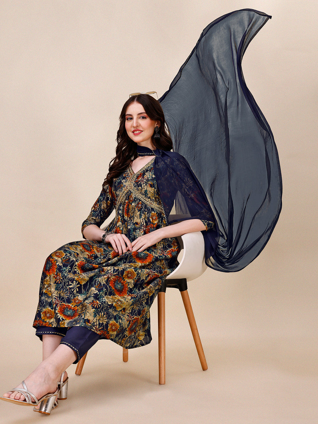 Alia Cut Printed & Embroidered Kurta With Pant & Dupatta Set, Multicolor - Hiral Fashion - Distacart