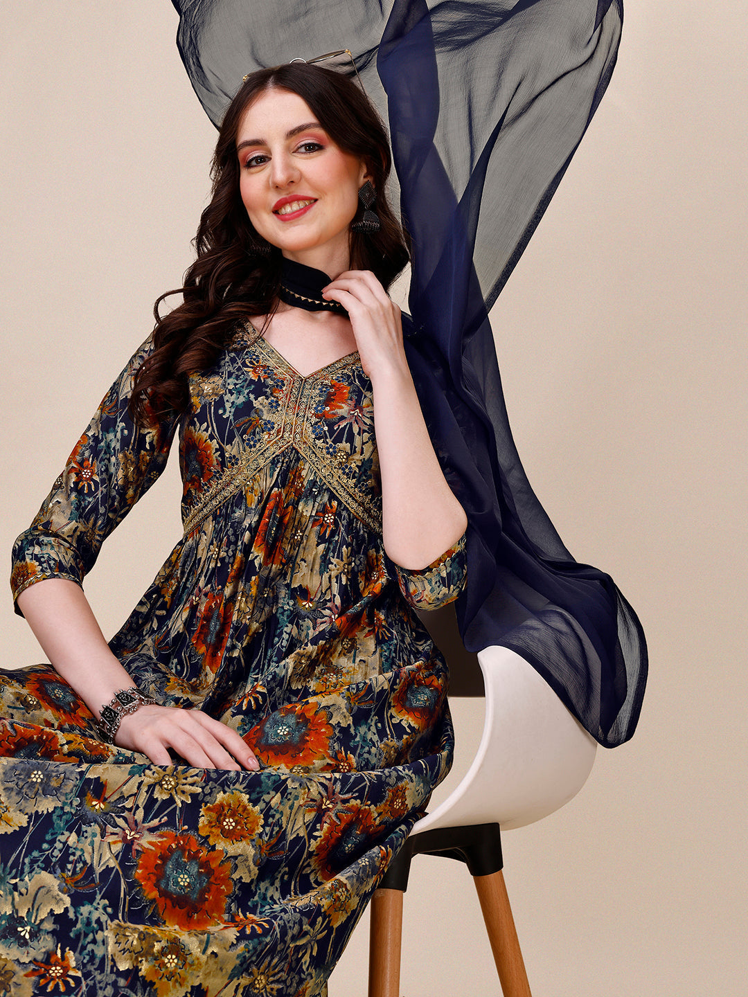 Alia Cut Printed & Embroidered Kurta With Pant & Dupatta Set, Multicolor - Hiral Fashion - Distacart