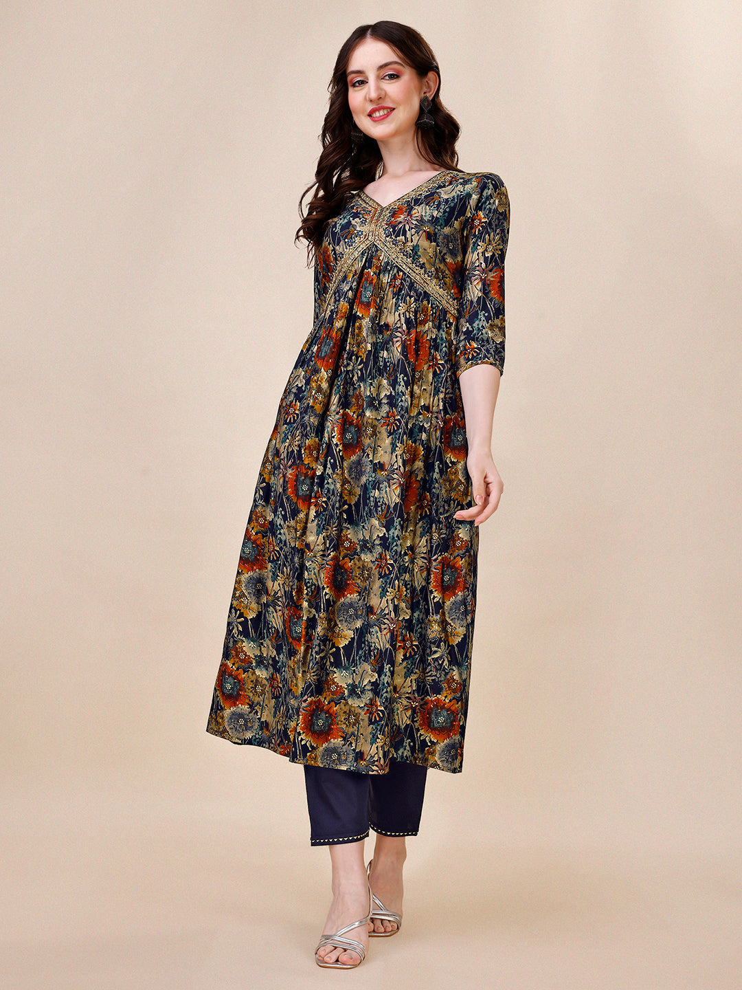 Alia Cut Printed & Embroidered Kurta With Pant & Dupatta Set, Multicolor - Hiral Fashion - Distacart