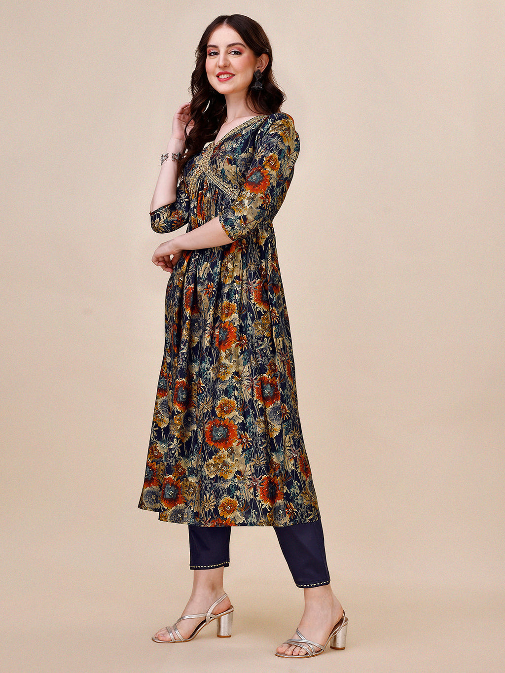 Alia Cut Printed & Embroidered Kurta With Pant & Dupatta Set, Multicolor - Hiral Fashion - Distacart