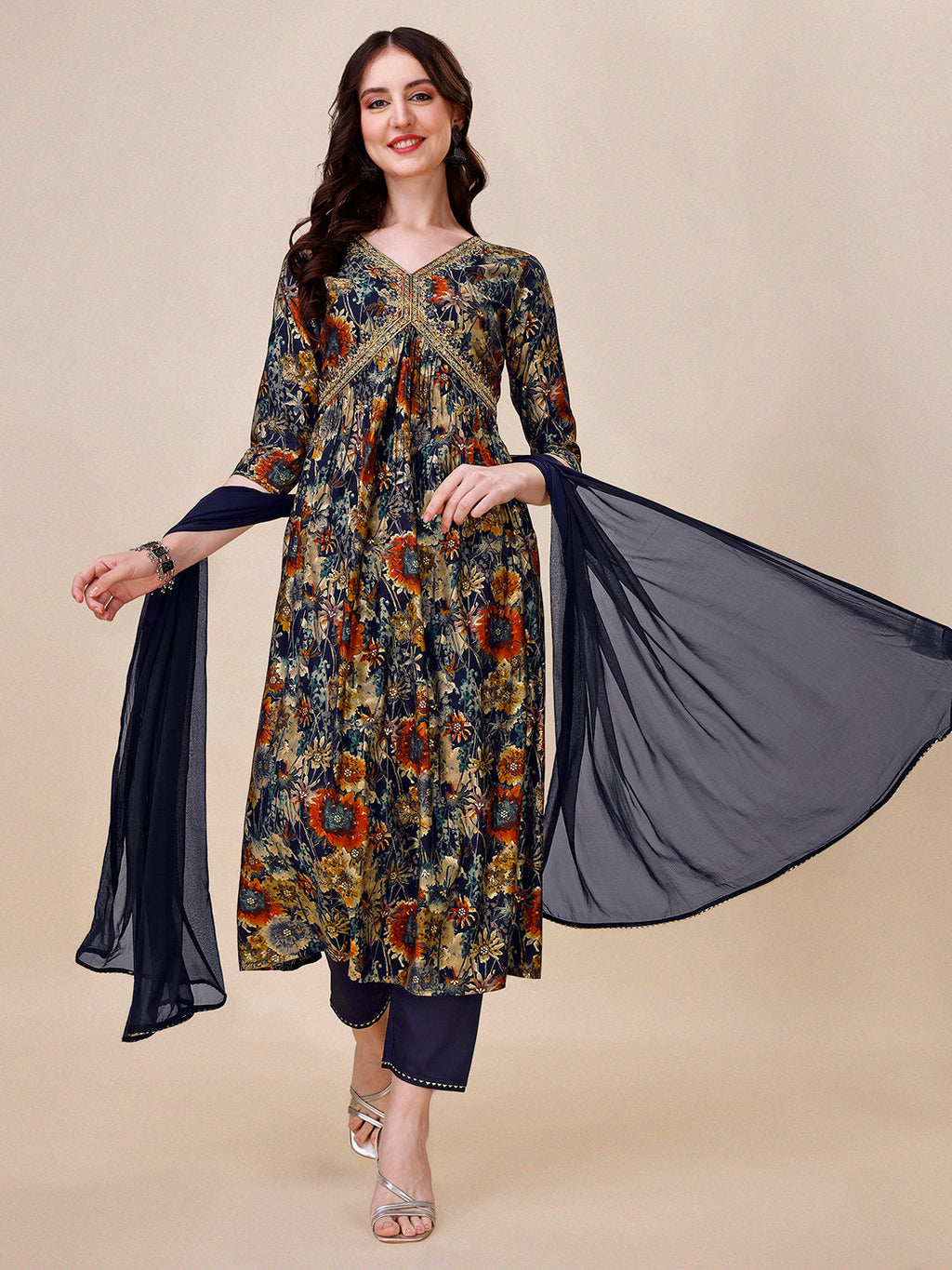 Alia Cut Printed & Embroidered Kurta With Pant & Dupatta Set, Multicolor - Hiral Fashion - Distacart