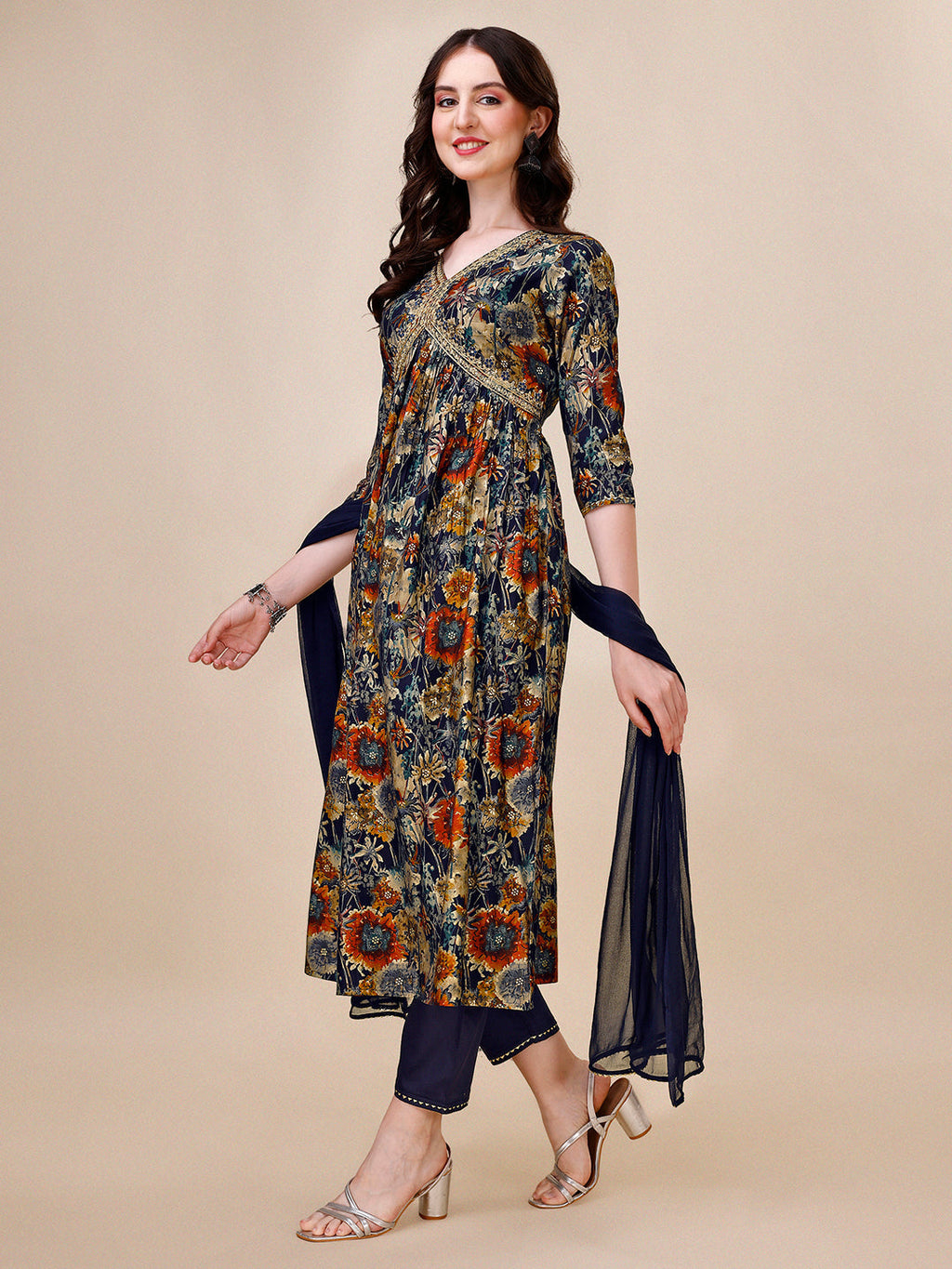 Alia Cut Printed & Embroidered Kurta With Pant & Dupatta Set, Multicolor - Hiral Fashion - Distacart