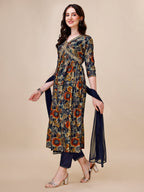 Alia Cut Printed & Embroidered Kurta With Pant & Dupatta Set, Multicolor - Hiral Fashion - Distacart