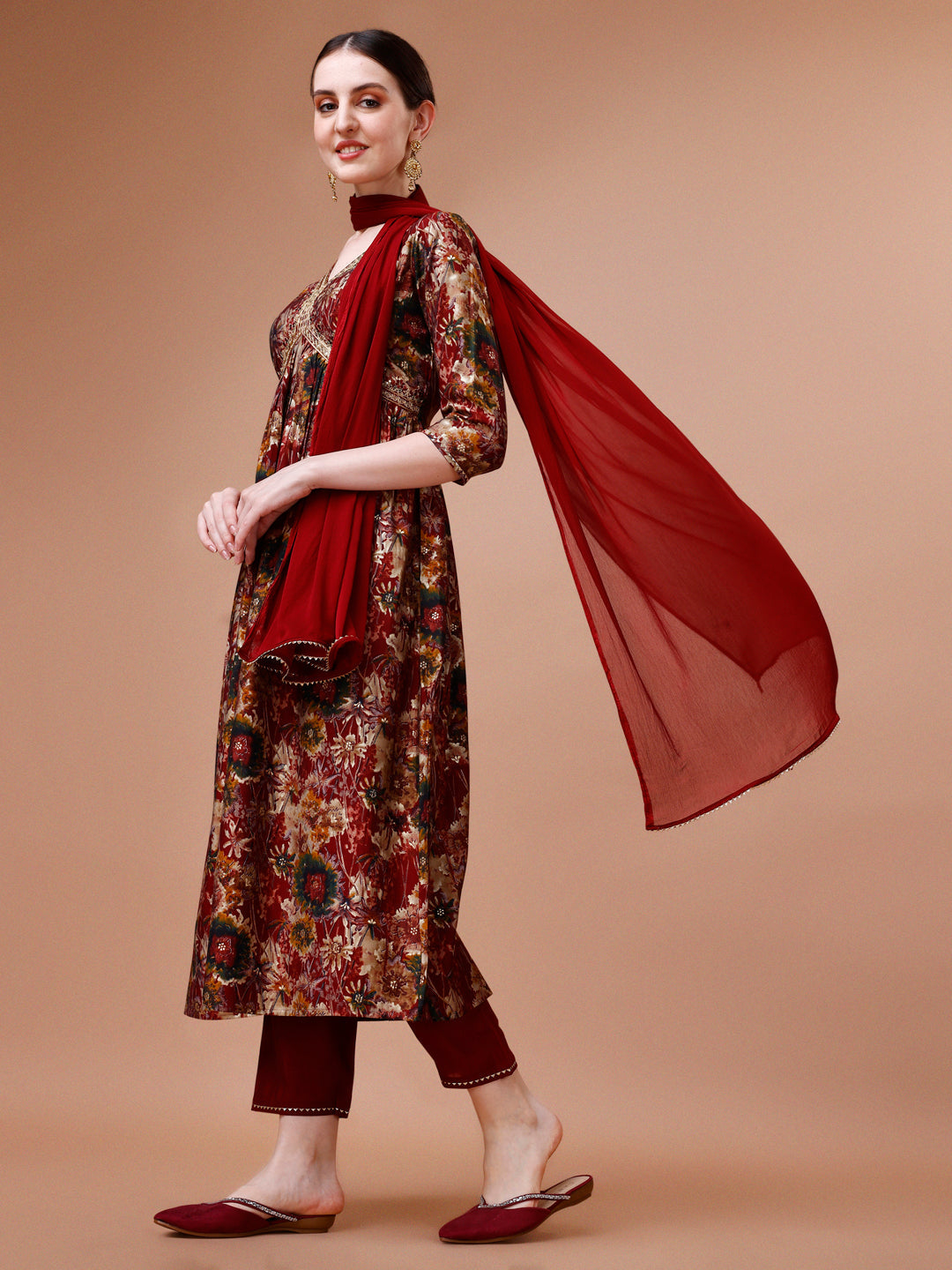 Alia Cut Printed & Embroidered Kurta With Pant & Dupatta Set, Multicolor - Hiral Fashion