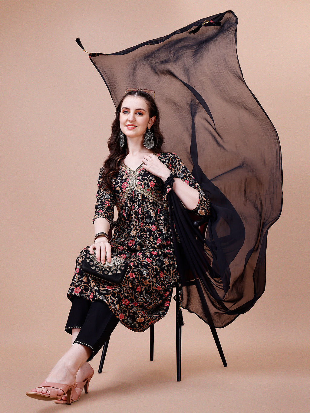 Alia Cut Embroidered & Floral Printed Rayon Kurta With Pant & Dupatta, Multicolor - Hiral Fashion - Distacart