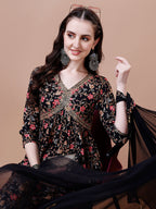 Alia Cut Embroidered & Floral Printed Rayon Kurta With Pant & Dupatta, Multicolor - Hiral Fashion - Distacart