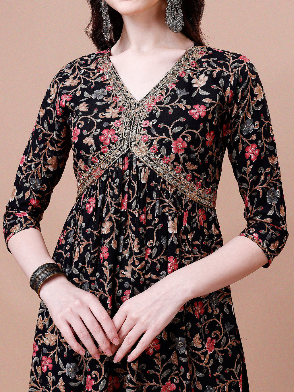 Alia Cut Embroidered & Floral Printed Rayon Kurta With Pant & Dupatta, Multicolor - Hiral Fashion - Distacart