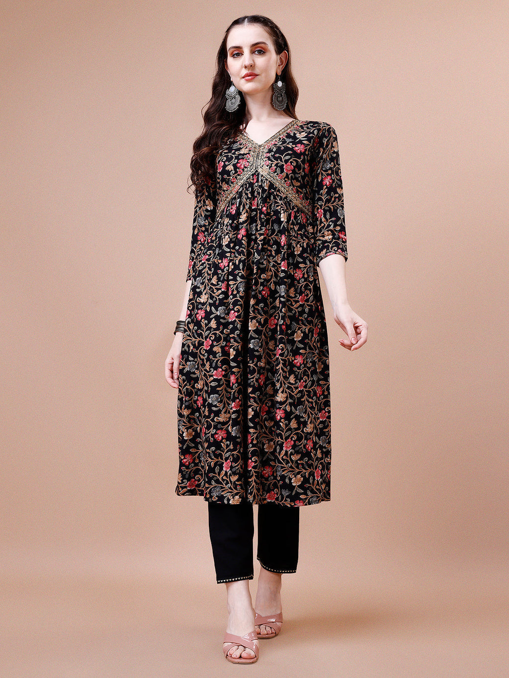 Alia Cut Embroidered & Floral Printed Rayon Kurta With Pant & Dupatta, Multicolor - Hiral Fashion - Distacart