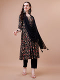 Alia Cut Embroidered & Floral Printed Rayon Kurta With Pant & Dupatta, Multicolor - Hiral Fashion - Distacart