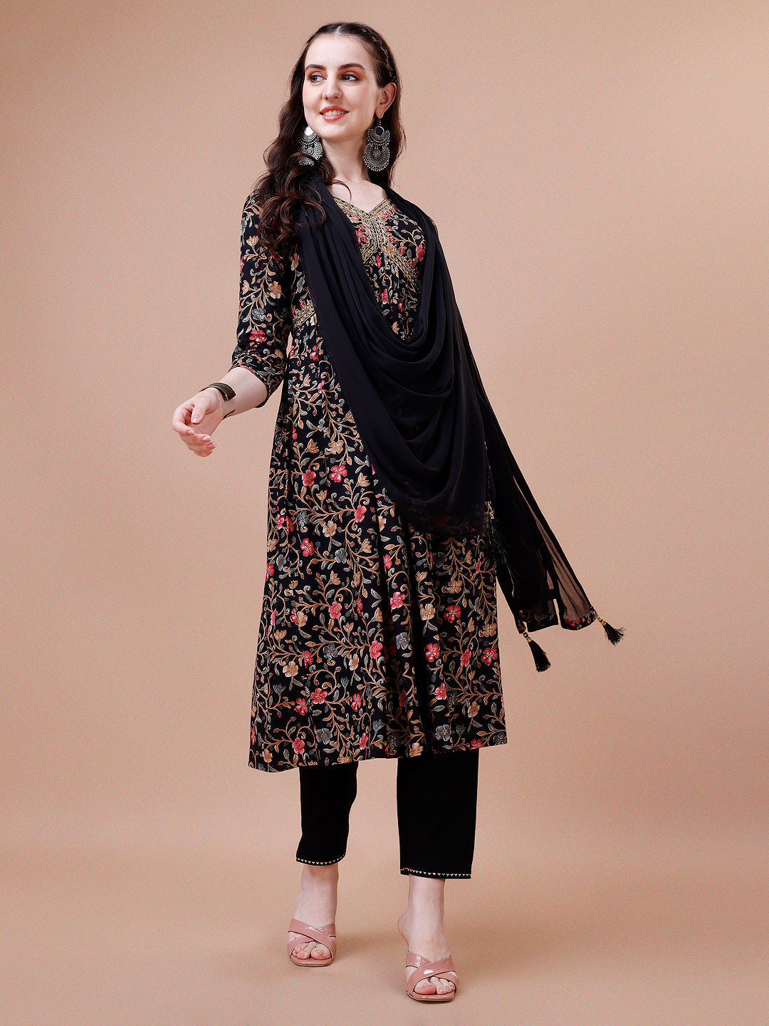 Alia Cut Embroidered & Floral Printed Rayon Kurta With Pant & Dupatta, Multicolor - Hiral Fashion - Distacart