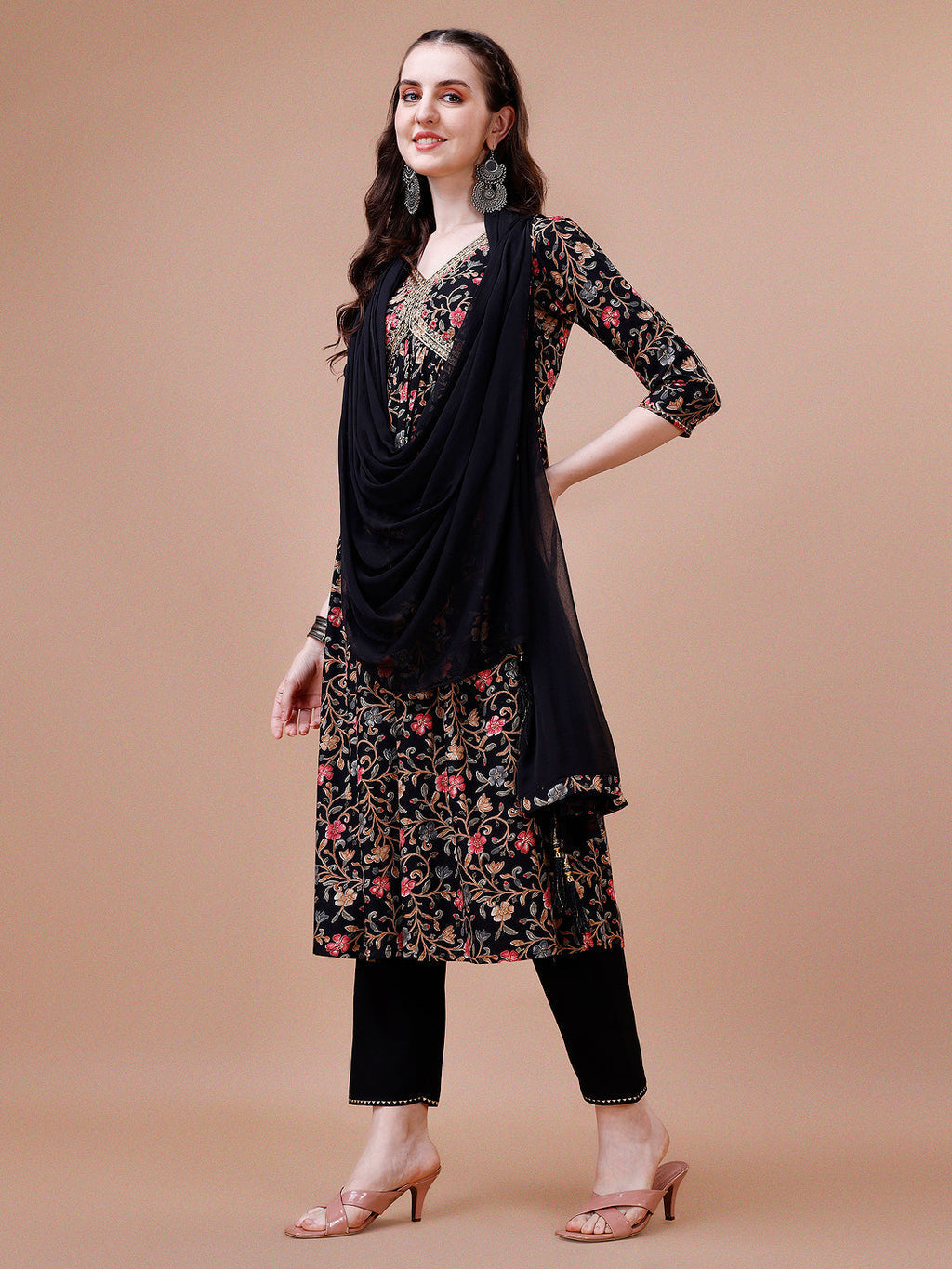 Alia Cut Embroidered & Floral Printed Rayon Kurta With Pant & Dupatta, Multicolor - Hiral Fashion - Distacart