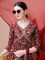 Alia Cut Embroidered & Floral Printed Rayon Kurta With Pant & Dupatta, Multicolor - Hiral Fashion - Distacart