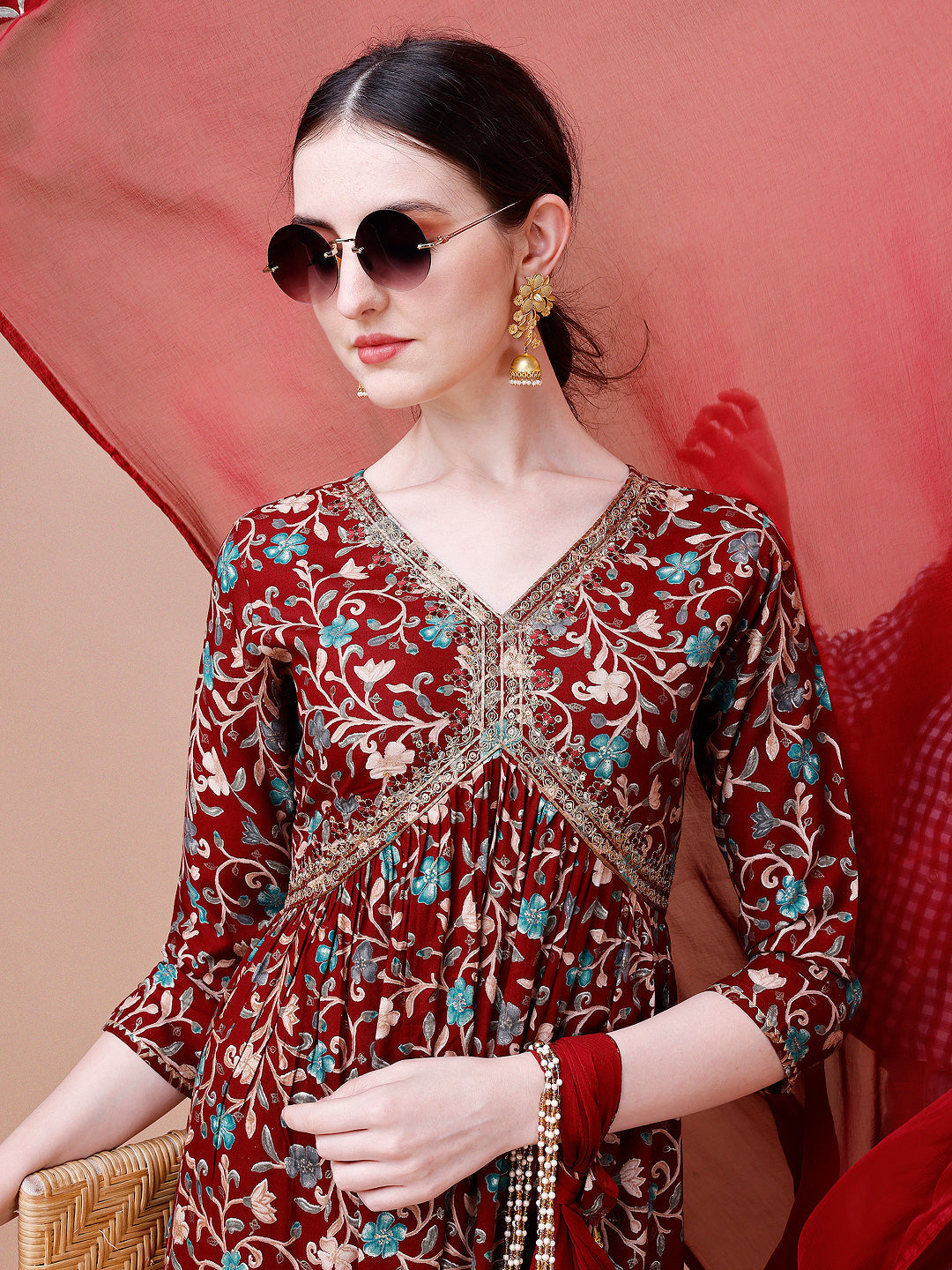 Alia Cut Embroidered & Floral Printed Rayon Kurta With Pant & Dupatta, Multicolor - Hiral Fashion - Distacart