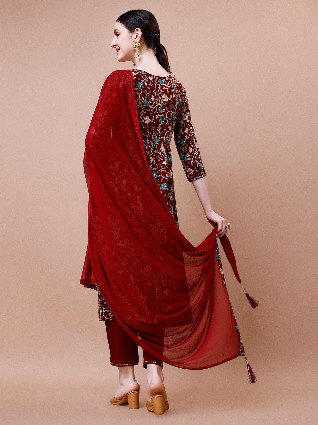 Alia Cut Embroidered & Floral Printed Rayon Kurta With Pant & Dupatta, Multicolor - Hiral Fashion - Distacart
