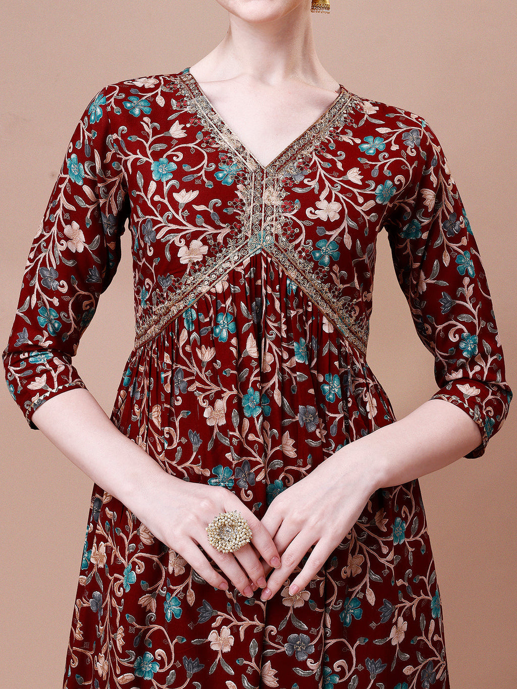Alia Cut Embroidered & Floral Printed Rayon Kurta With Pant & Dupatta, Multicolor - Hiral Fashion - Distacart