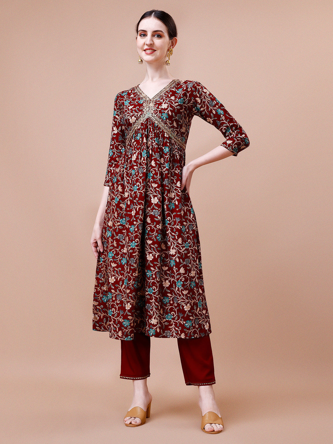 Alia Cut Embroidered & Floral Printed Rayon Kurta With Pant & Dupatta, Multicolor - Hiral Fashion - Distacart