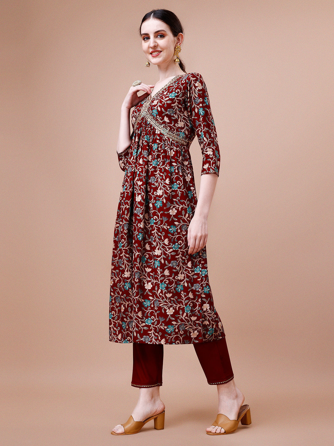 Alia Cut Embroidered & Floral Printed Rayon Kurta With Pant & Dupatta, Multicolor - Hiral Fashion - Distacart