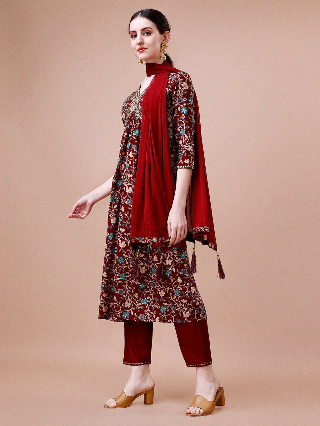 Alia Cut Embroidered & Floral Printed Rayon Kurta With Pant & Dupatta, Multicolor - Hiral Fashion - Distacart