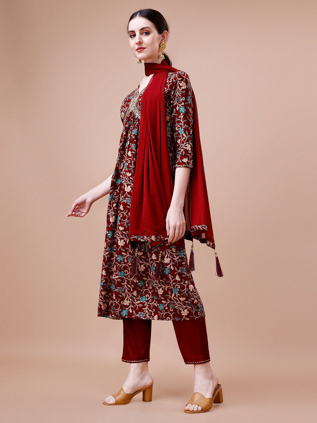 Alia Cut Embroidered & Floral Printed Rayon Kurta With Pant & Dupatta, Multicolor - Hiral Fashion - Distacart