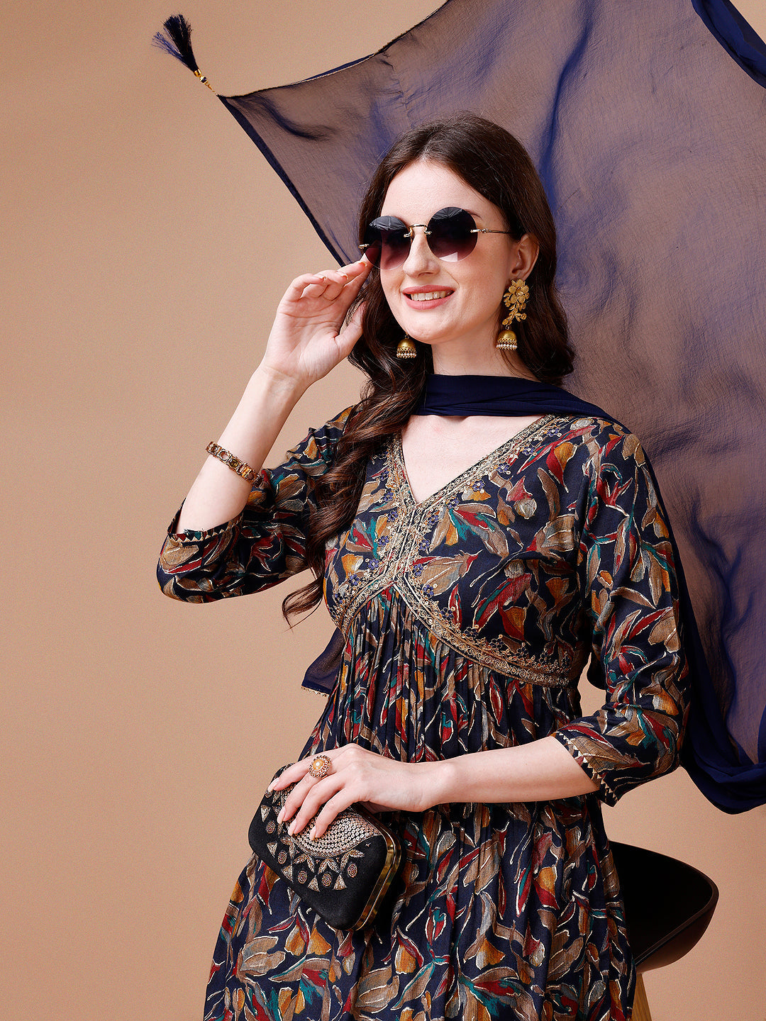 Alia Cut Botanical Printed & Embroidered Rayon Kurta With Pant & Dupatta, Multicolor - Hiral Fashion