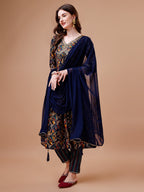 Alia Cut Botanical Printed & Embroidered Rayon Kurta With Pant & Dupatta, Multicolor - Hiral Fashion
