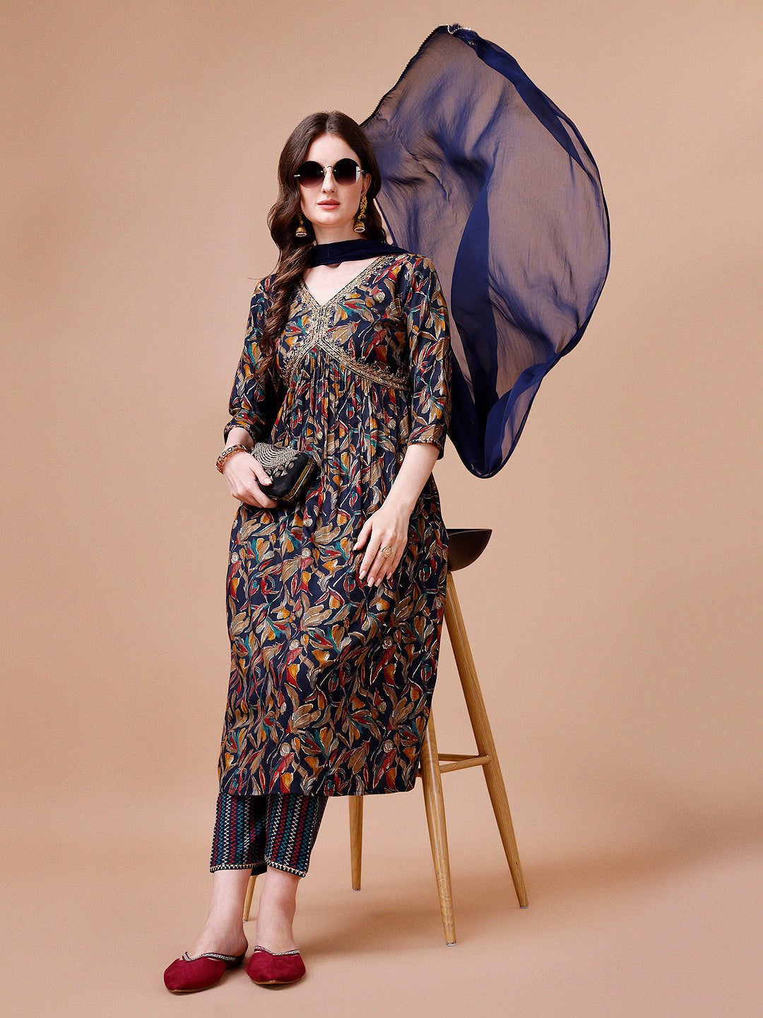 Alia Cut Botanical Printed & Embroidered Rayon Kurta With Pant & Dupatta, Multicolor - Hiral Fashion