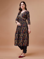 Alia Cut Botanical Printed & Embroidered Rayon Kurta With Pant & Dupatta, Multicolor - Hiral Fashion
