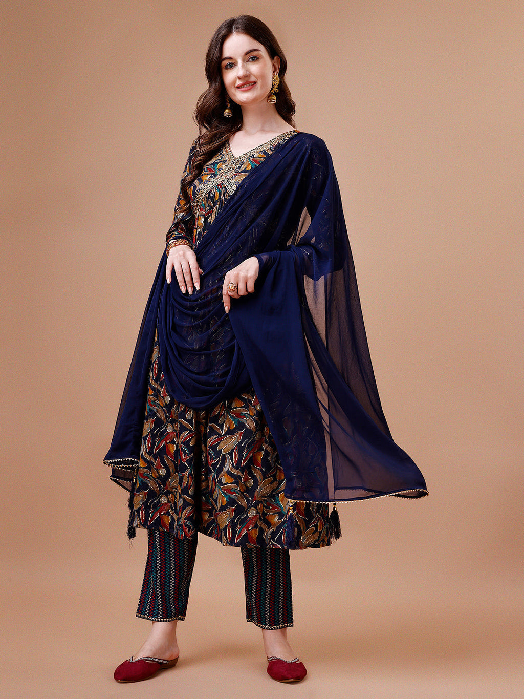 Alia Cut Botanical Printed & Embroidered Rayon Kurta With Pant & Dupatta, Multicolor - Hiral Fashion