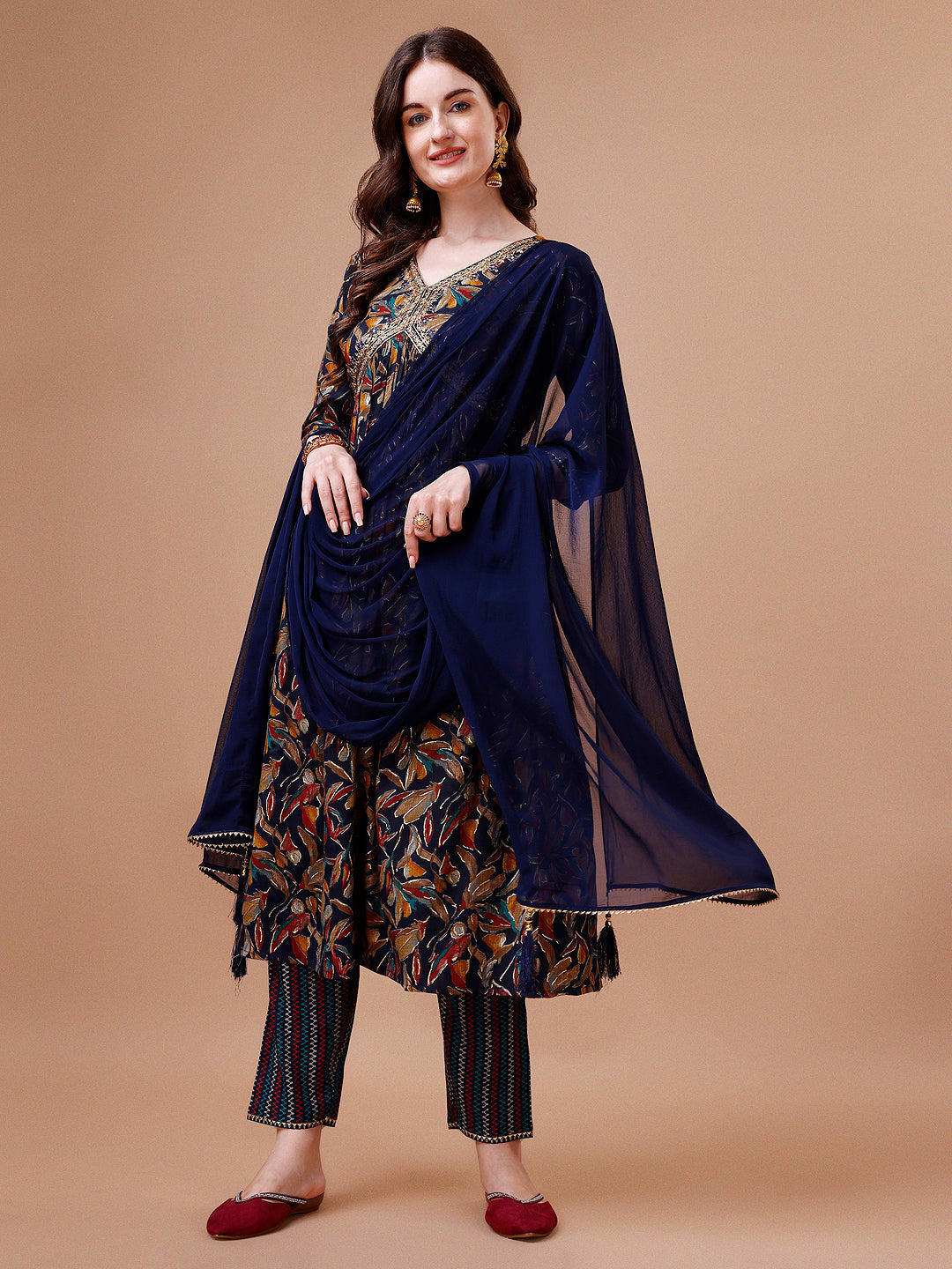 Alia Cut Botanical Printed & Embroidered Rayon Kurta With Pant & Dupatta, Multicolor - Hiral Fashion