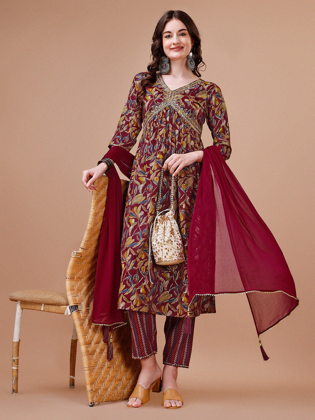 Alia Cut Botanical Printed & Embroidered Rayon Kurta With Pant & Dupatta, Multicolor - Hiral Fashion - Distacart