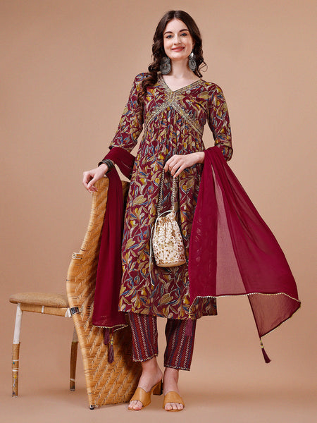 Alia Cut Botanical Printed & Embroidered Rayon Kurta With Pant & Dupatta, Multicolor - Hiral Fashion