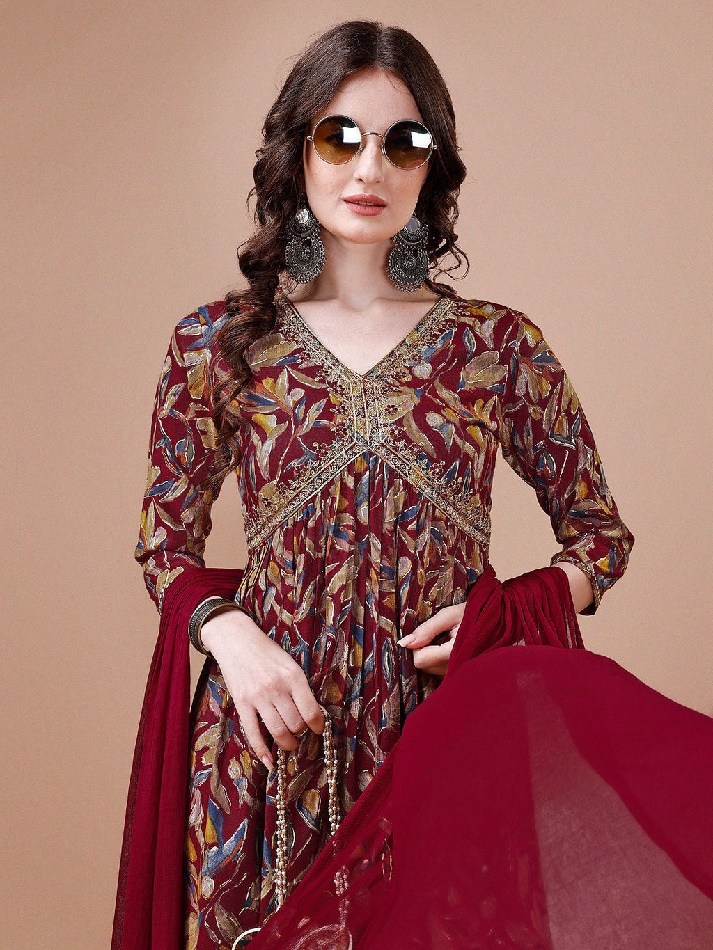 Alia Cut Botanical Printed & Embroidered Rayon Kurta With Pant & Dupatta, Multicolor - Hiral Fashion - Distacart