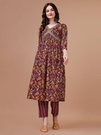 Alia Cut Botanical Printed & Embroidered Rayon Kurta With Pant & Dupatta, Multicolor - Hiral Fashion - Distacart