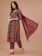 Alia Cut Botanical Printed & Embroidered Rayon Kurta With Pant & Dupatta, Multicolor - Hiral Fashion - Distacart