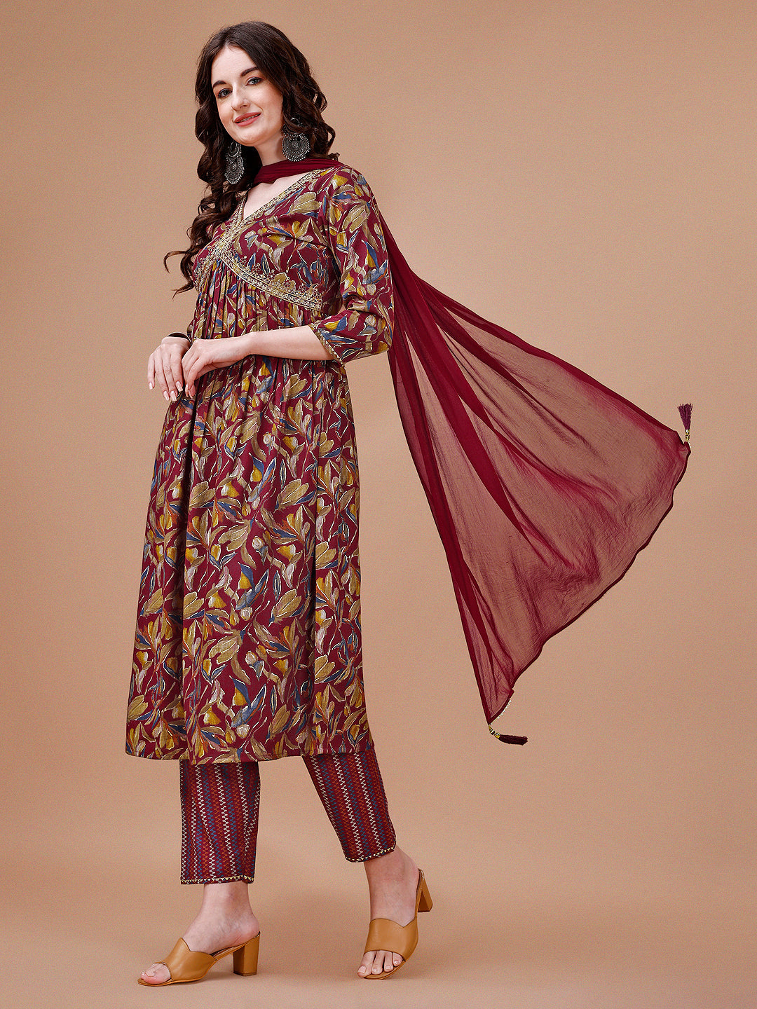 Alia Cut Botanical Printed & Embroidered Rayon Kurta With Pant & Dupatta, Multicolor - Hiral Fashion - Distacart