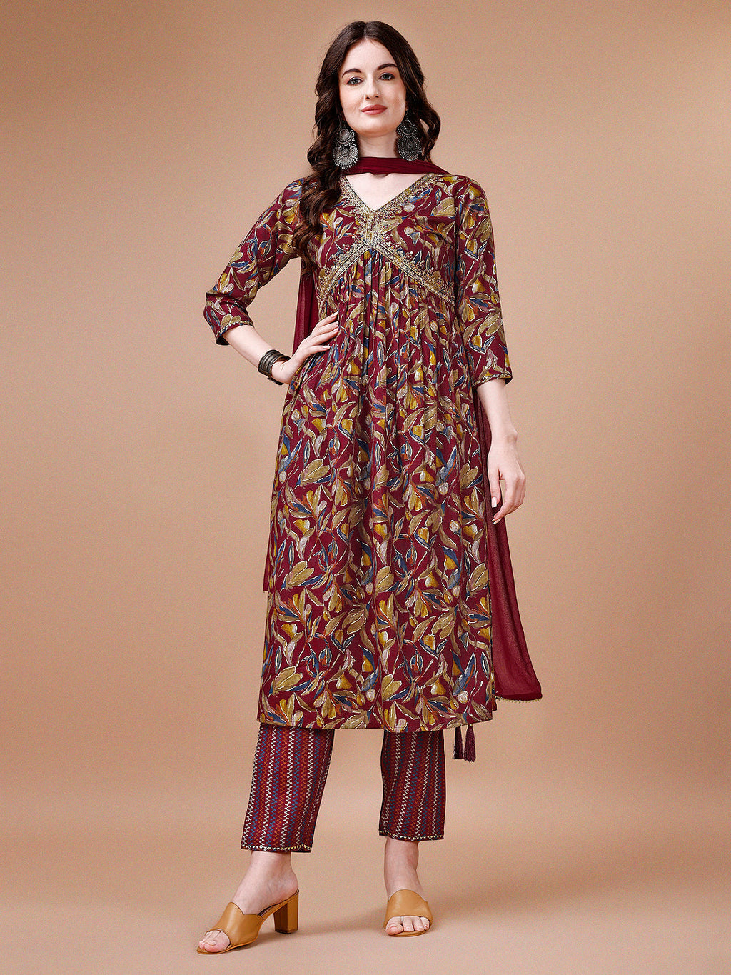 Alia Cut Botanical Printed & Embroidered Rayon Kurta With Pant & Dupatta, Multicolor - Hiral Fashion - Distacart