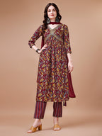 Alia Cut Botanical Printed & Embroidered Rayon Kurta With Pant & Dupatta, Multicolor - Hiral Fashion - Distacart