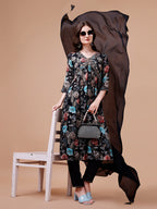 Alia Cut Hand Embroidered Floral Print Kurta With Pant & Dupatta, Multicolor - Hiral Fashion