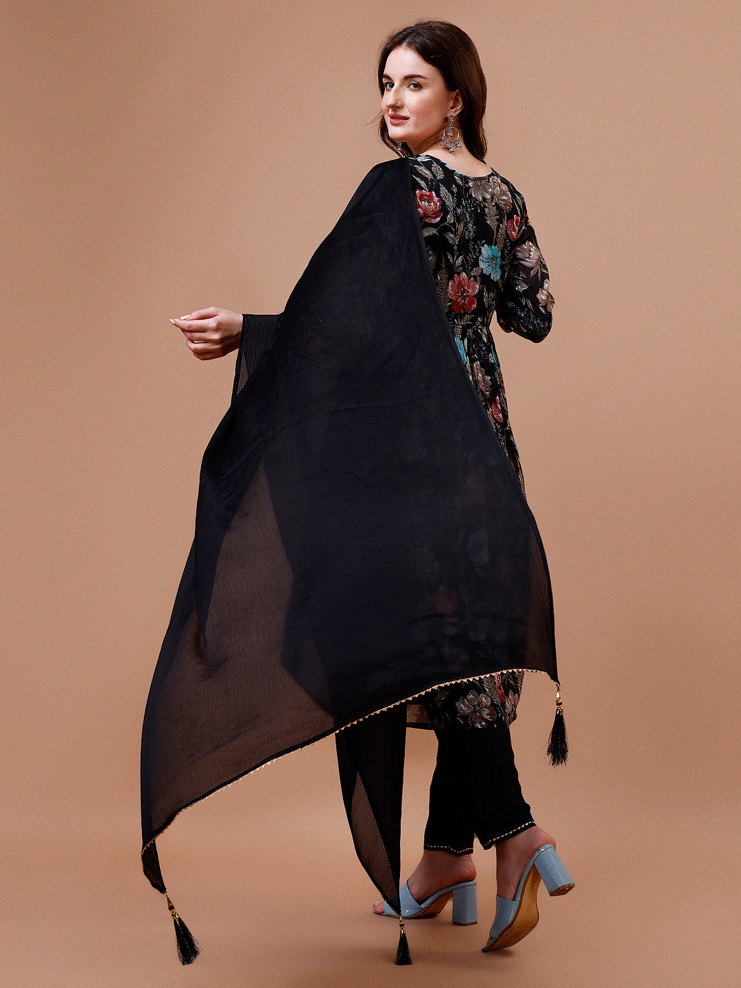 Alia Cut Hand Embroidered Floral Print Kurta With Pant & Dupatta, Multicolor - Hiral Fashion
