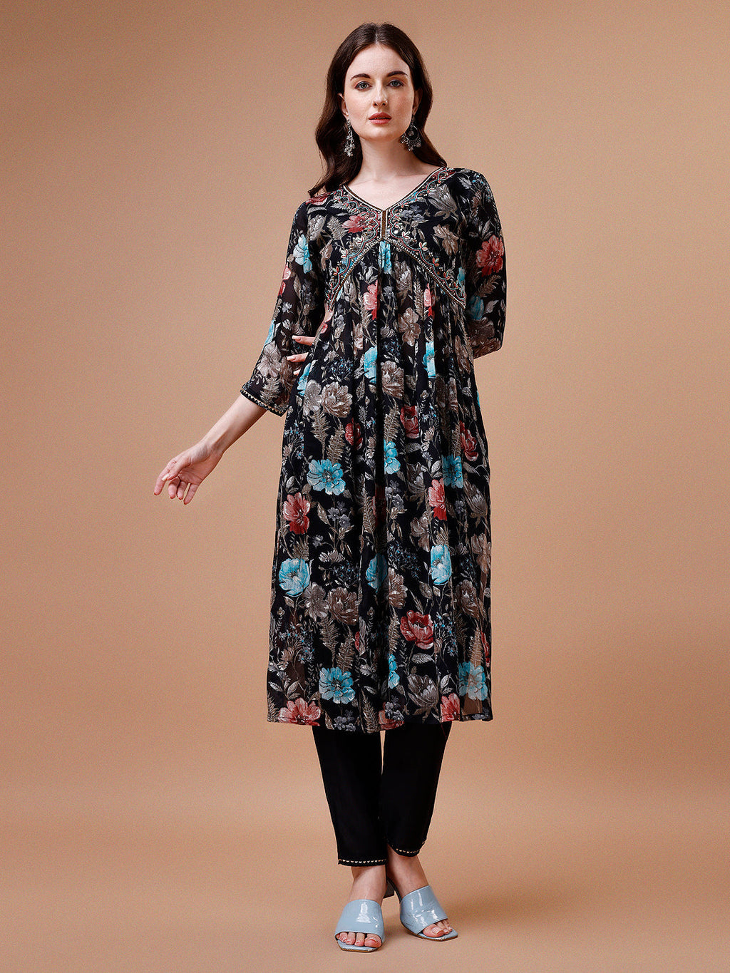 Alia Cut Hand Embroidered Floral Print Kurta With Pant & Dupatta, Multicolor - Hiral Fashion