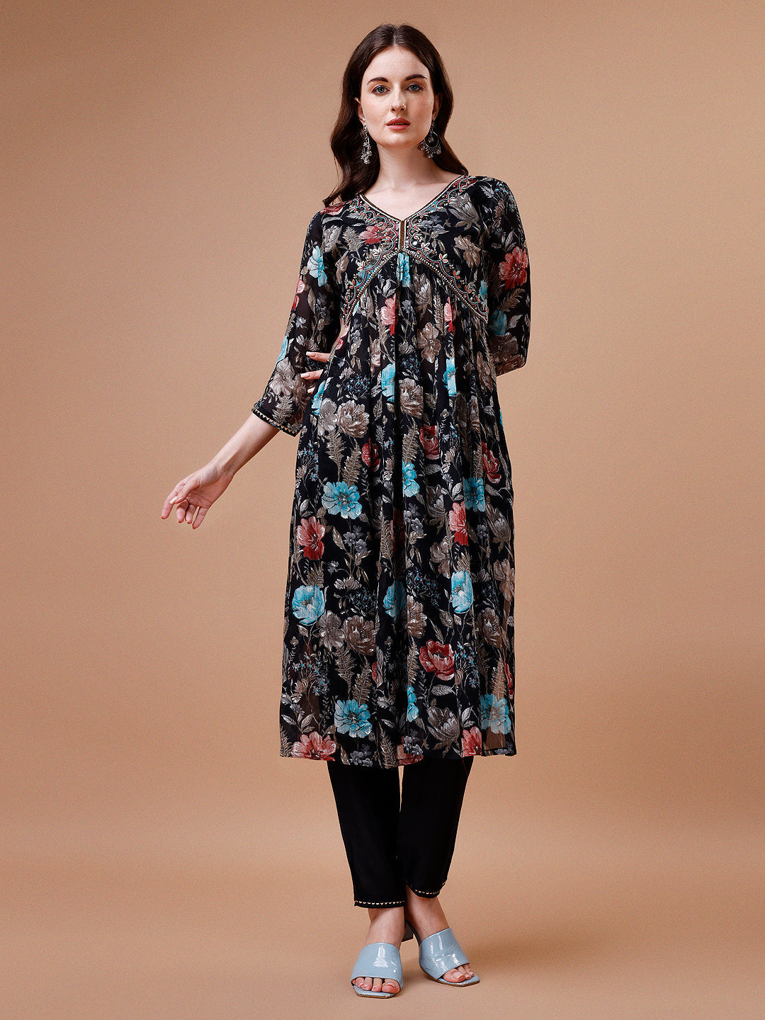 Alia Cut Hand Embroidered Floral Print Kurta With Pant & Dupatta, Multicolor - Hiral Fashion