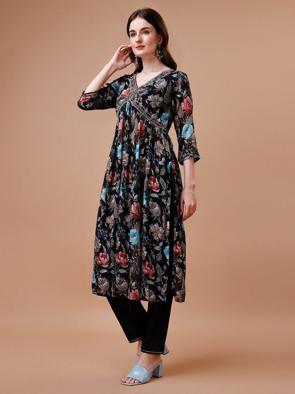 Alia Cut Hand Embroidered Floral Print Kurta With Pant & Dupatta, Multicolor - Hiral Fashion