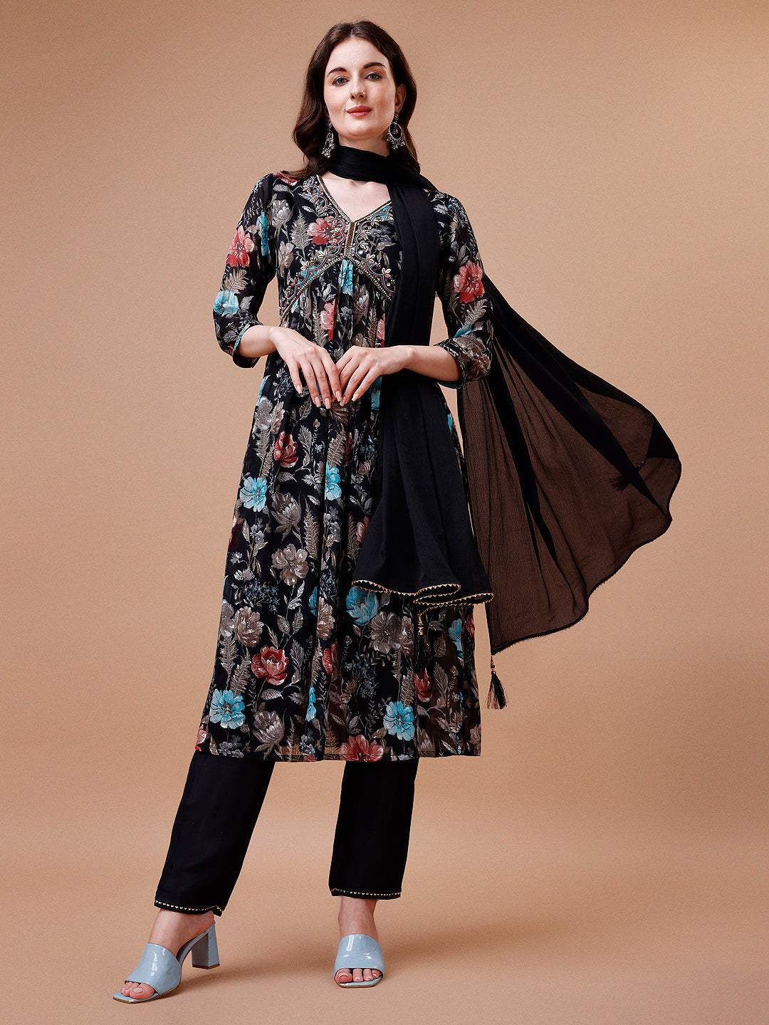 Alia Cut Hand Embroidered Floral Print Kurta With Pant & Dupatta, Multicolor - Hiral Fashion