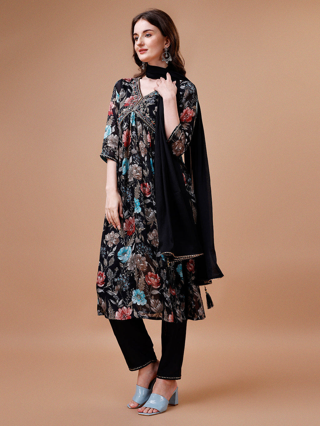 Alia Cut Hand Embroidered Floral Print Kurta With Pant & Dupatta, Multicolor - Hiral Fashion