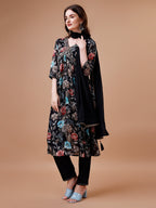 Alia Cut Hand Embroidered Floral Print Kurta With Pant & Dupatta, Multicolor - Hiral Fashion