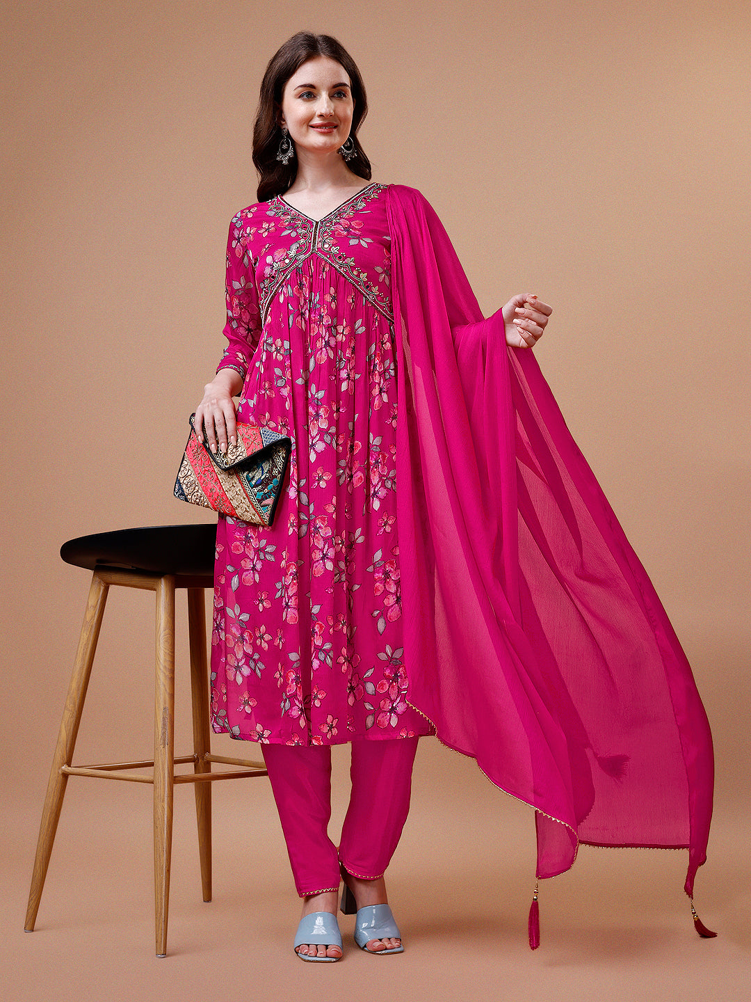 Alia Cut Hand Embroidered Floral Print Kurta With Pant & Dupatta, Multicolor - Hiral Fashion
